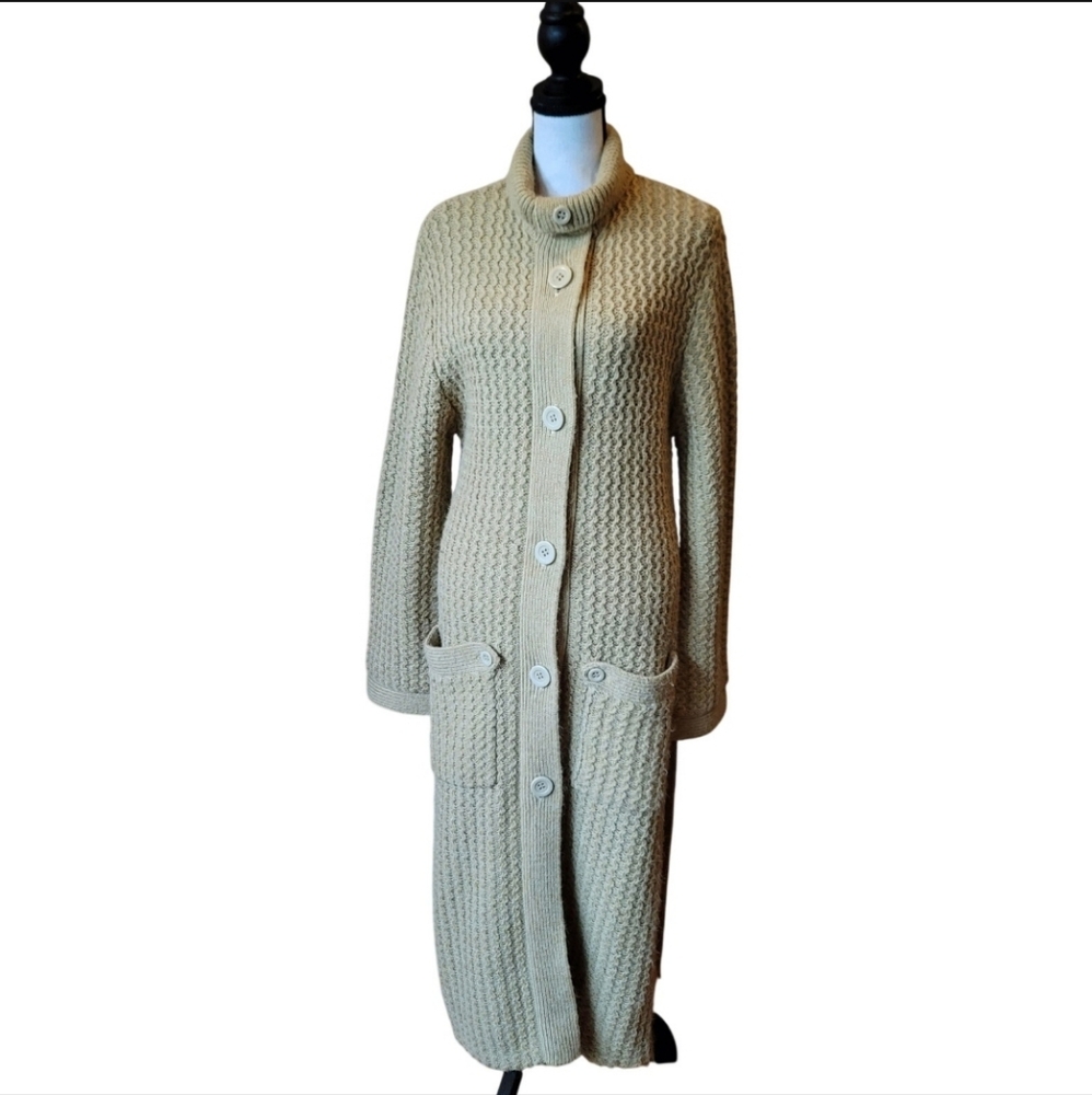 70's VINTAGE Wally Pearsall Long Sleeve Ribbed Knit Cardigan Sweater Large Tan